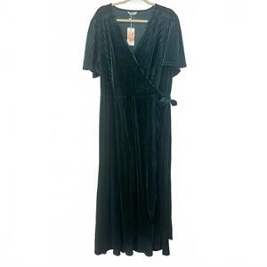 Simplee Green Velvet Wrap Dress with Tie Waist 4XL